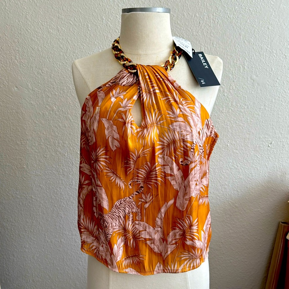 Gold and white silk like blouse with attached necklace